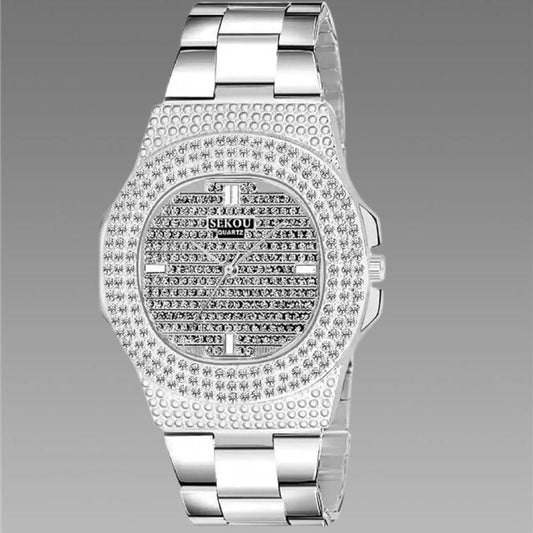 Golden Stone Studded Diamond Wrist Watch For Boys & Men